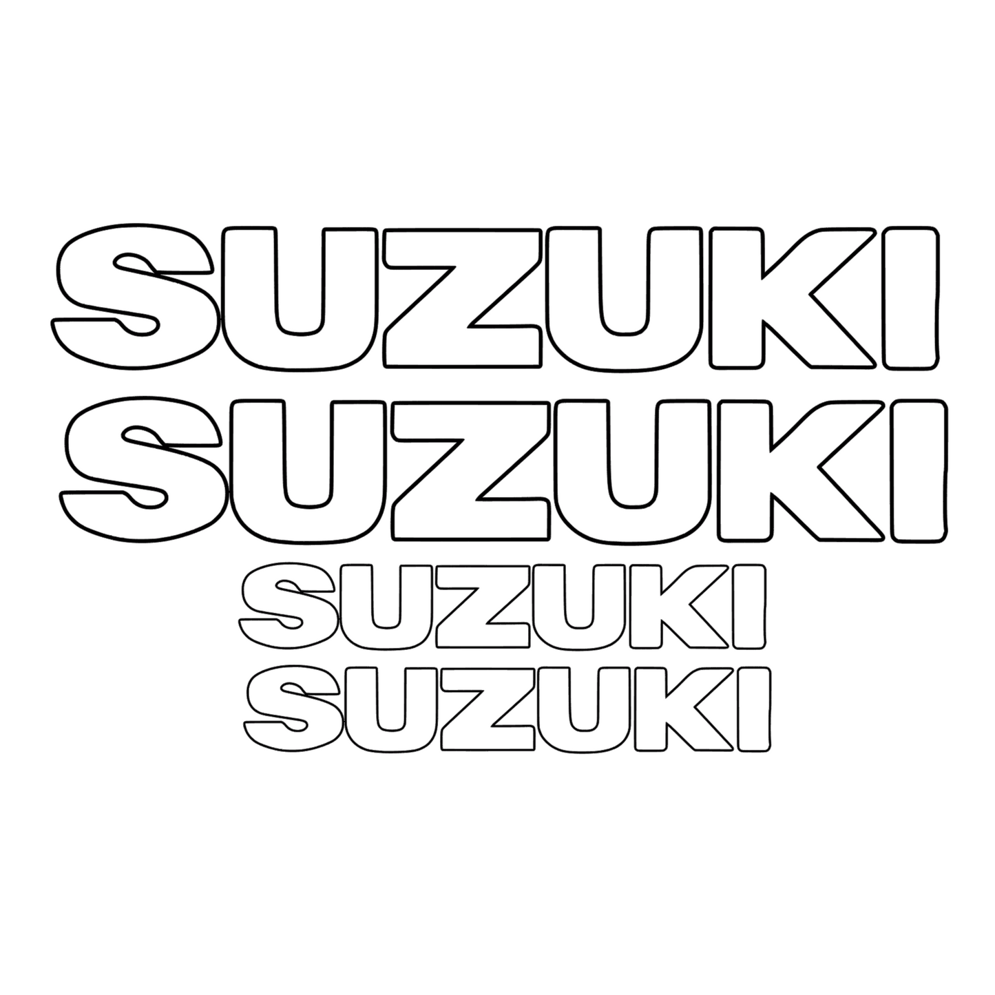 Set 4 stickere scris nou Suzuki, contur subtire, pentru capota sau caroserie