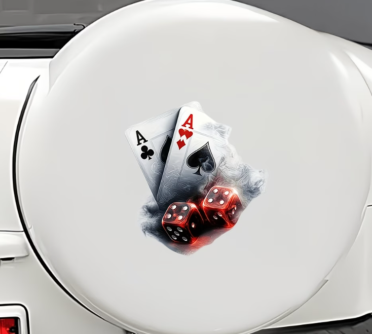 Sticker Casino – Ași și Zaruri în Flăcări, Autocolant Jocuri de Noroc, Poker