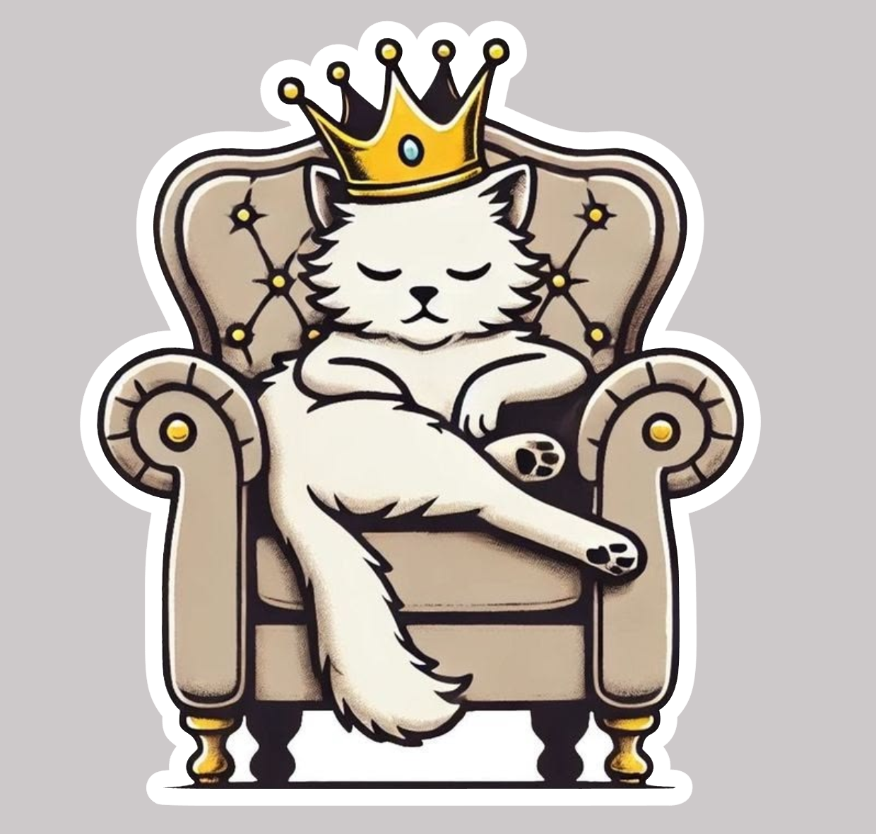 Sticker Pisică Rege pe Tron – King Cat cu Coroană, Design Amuzant