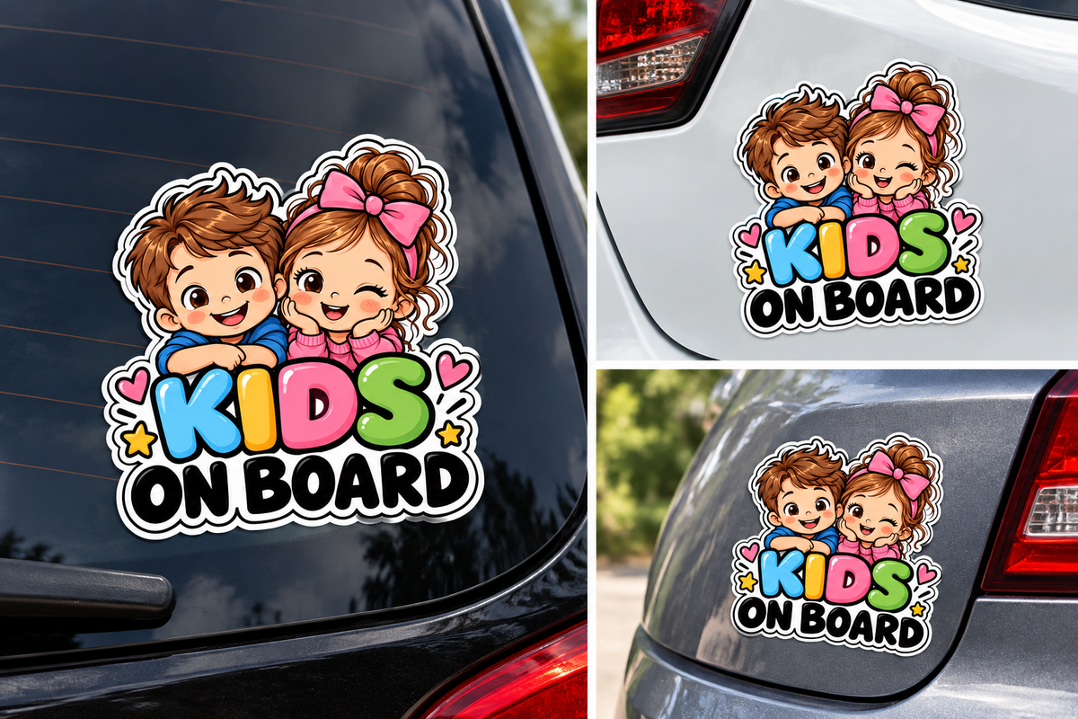 Sticker Auto Kids on Board – Băiețel și Fetiță, Autocolant Copii la Bord, Model Colorat