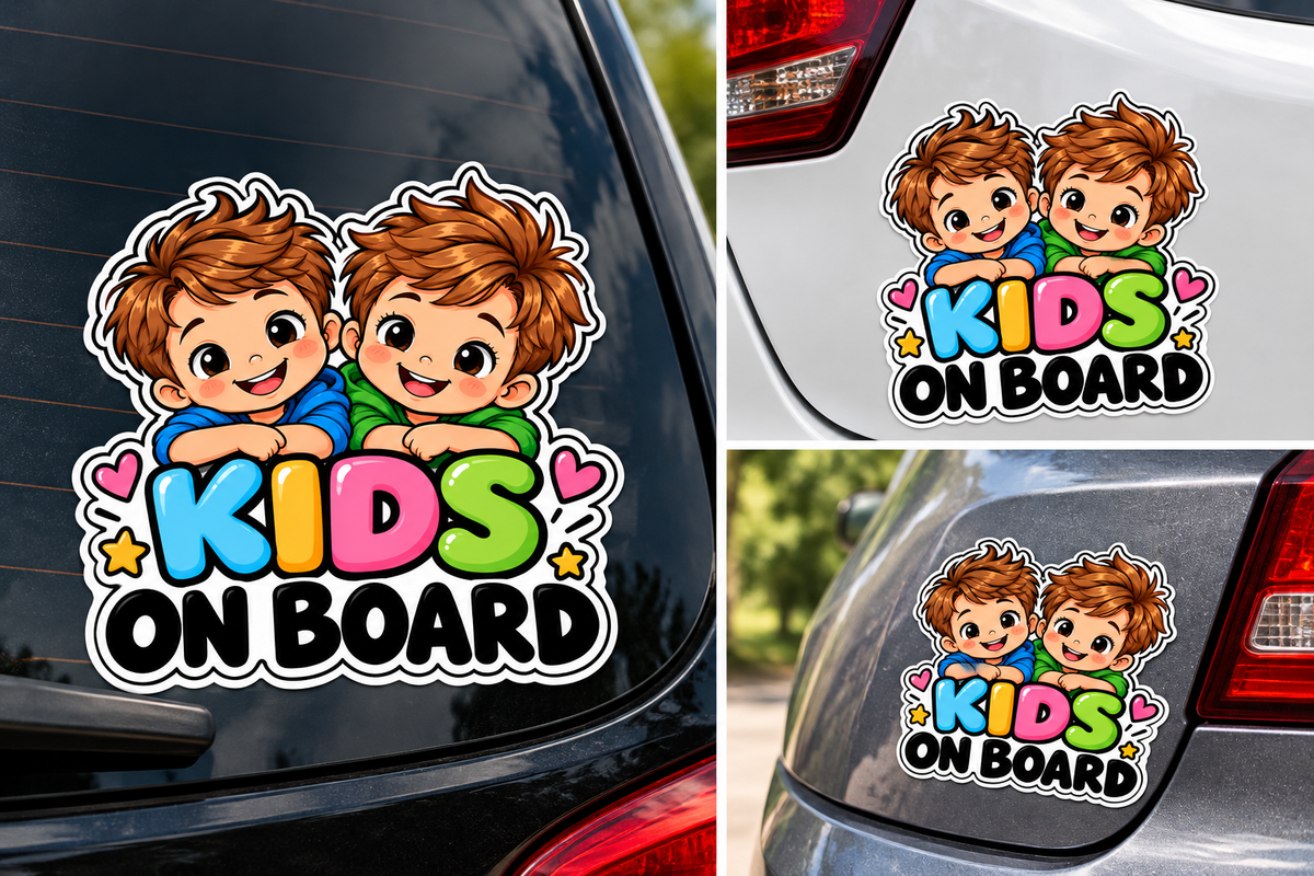 Sticker Auto Kids on Board – Doi Băieței, Autocolant Copii la Bord, Model Colorat