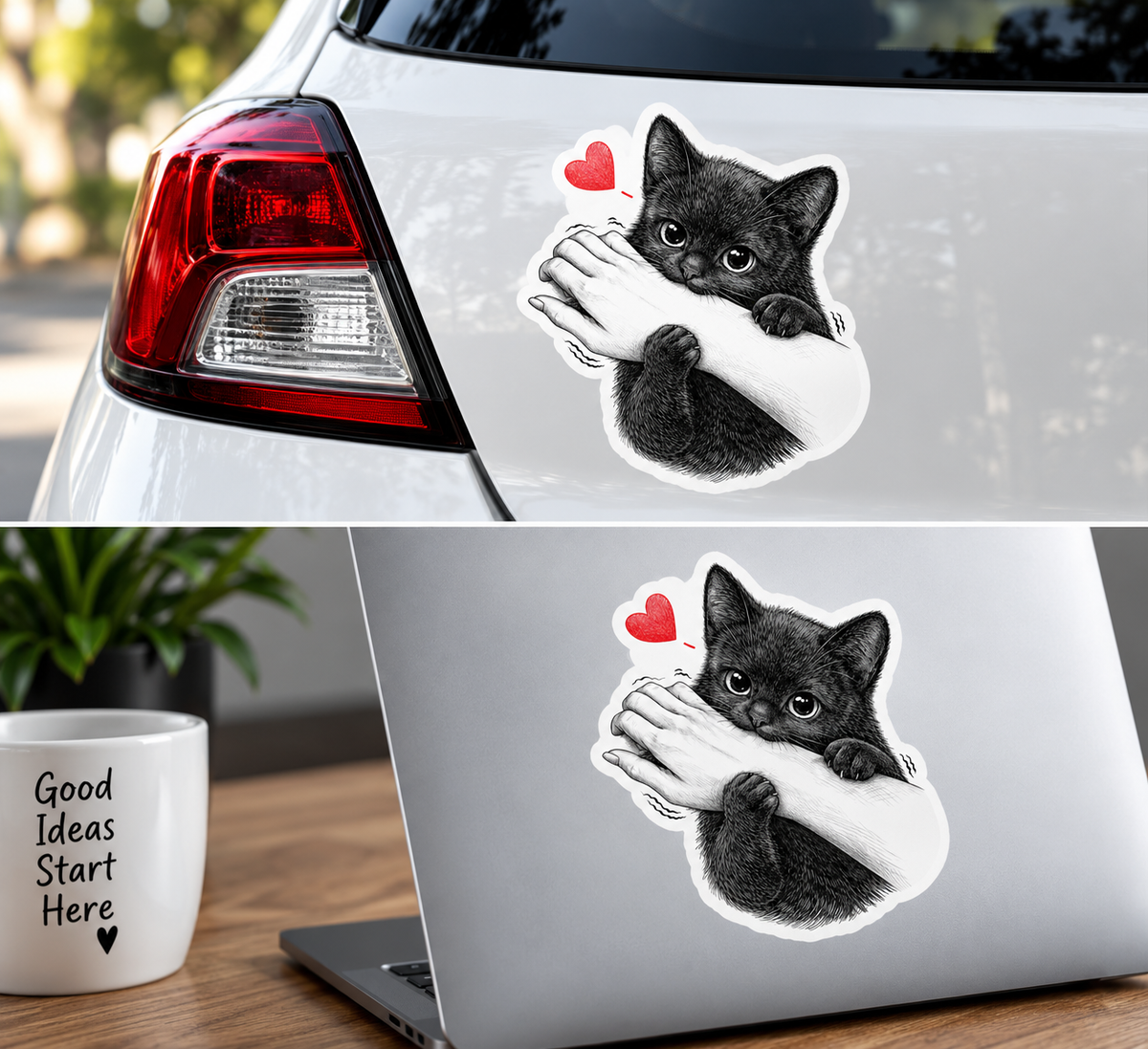 Sticker Pisicuță Jucăușă – Pisică Neagră Îmbrățișând Mâna, Design Cute cu Inimă