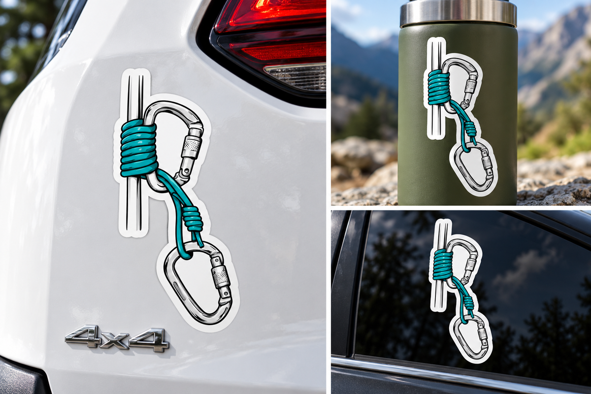 Sticker Alpinism cu Carabiniere și Coardă – Design Climbing / Escaladă