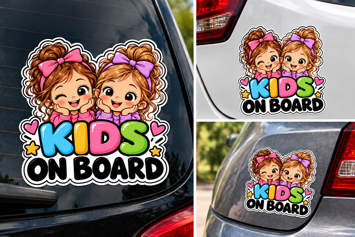 Sticker Auto Kids on Board – Două Fetițe, Autocolant Copii la Bord, Model Colorat