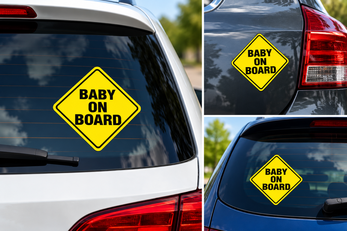 Set 2 Stickere Auto Baby on Board – Copil la Bord, Semn Avertizare Galben, Autocolante Auto