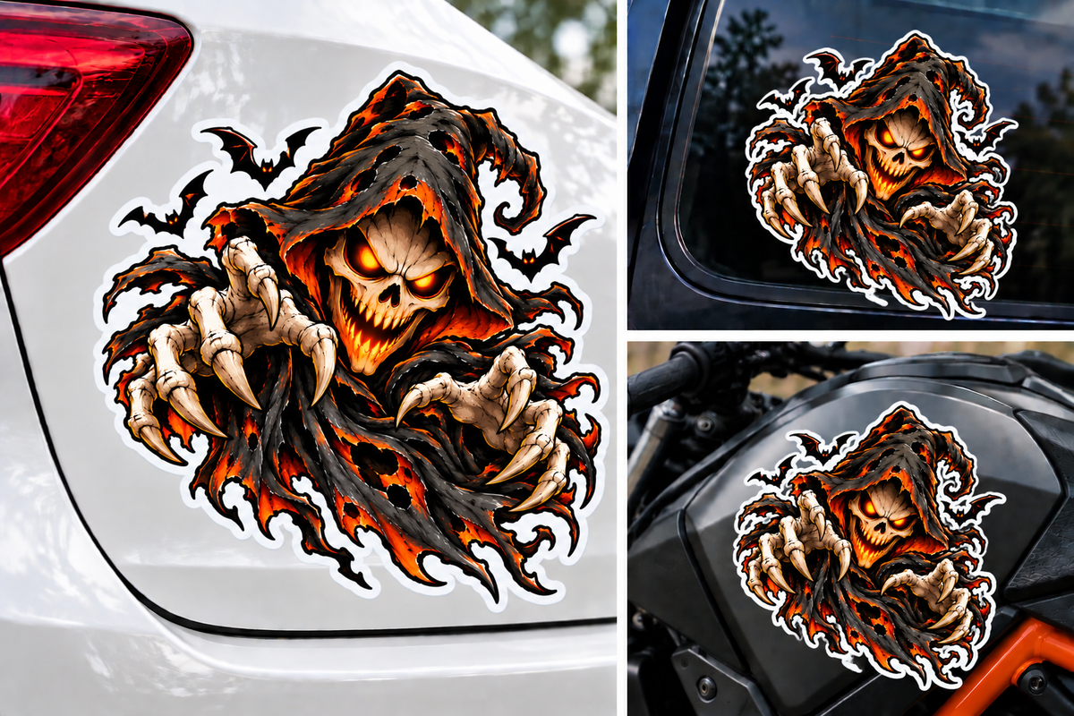 Sticker Halloween Moartea Malefică – Craniu cu Gheare și Lilieci