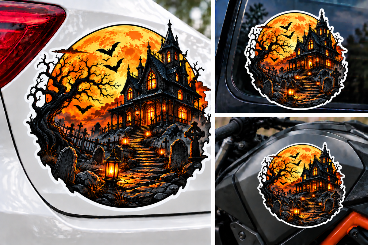 Sticker Halloween Casă Bântuită cu Cimitir, Lună Plină și Lilieci