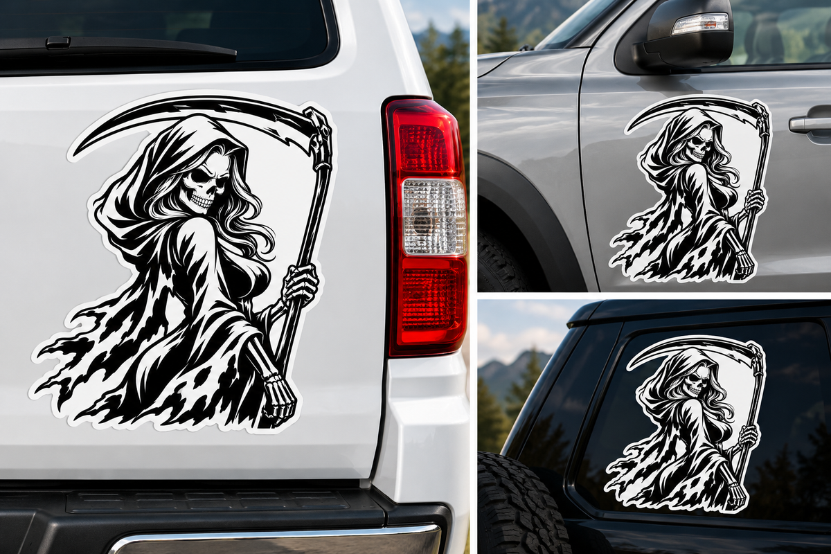 Sticker Doamna cu Coasa – Grim Reaper Femeie, Craniu Gothic