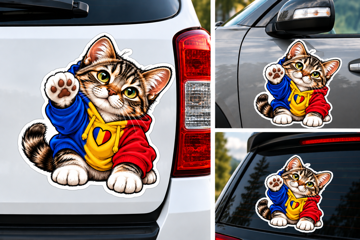 Sticker Pisicuță România – Hanorac Tricolor cu Inimă România