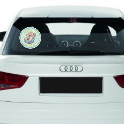Sticker auto rezistent Baby on Board, baiat in scaunel