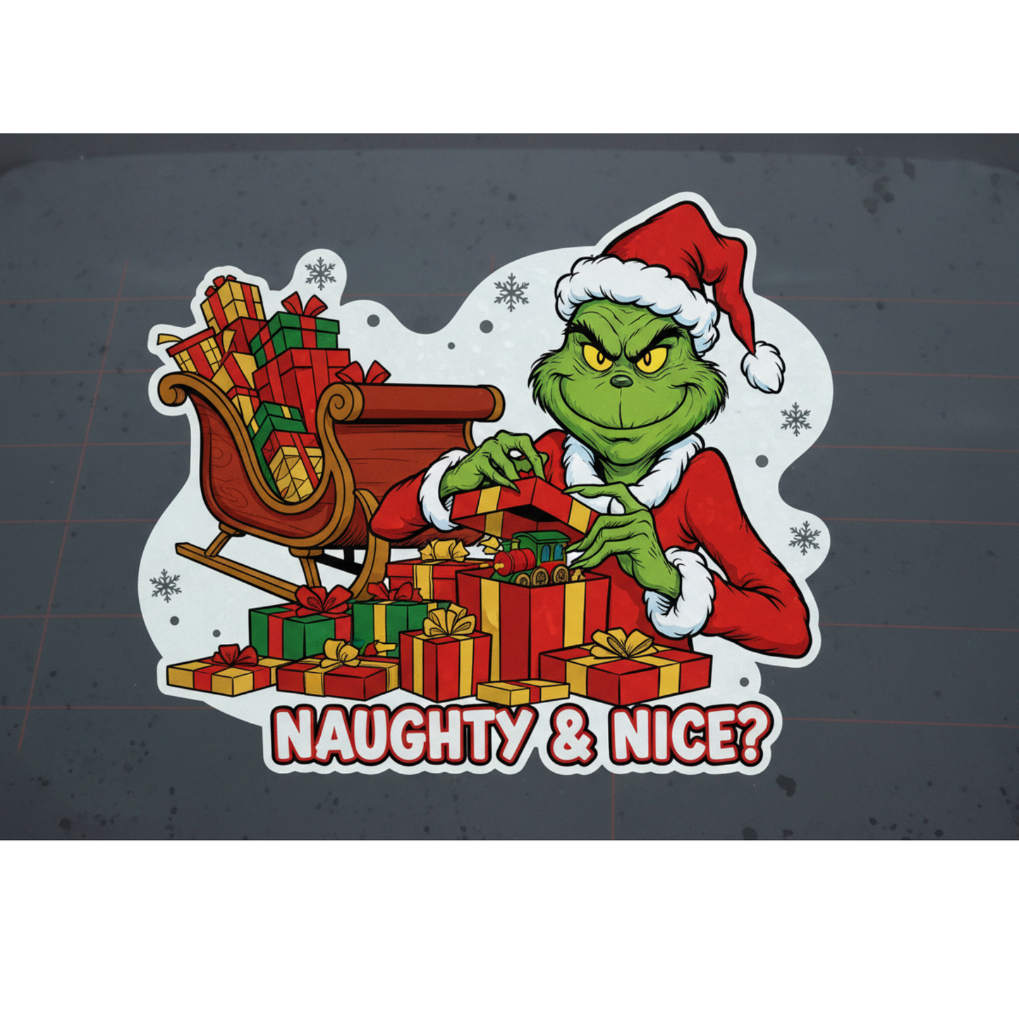 Sticker auto decorativ, abtibild, Mos Craciun Grinch, pentru caroserie, geamuri sau clapeta rezervor, v2