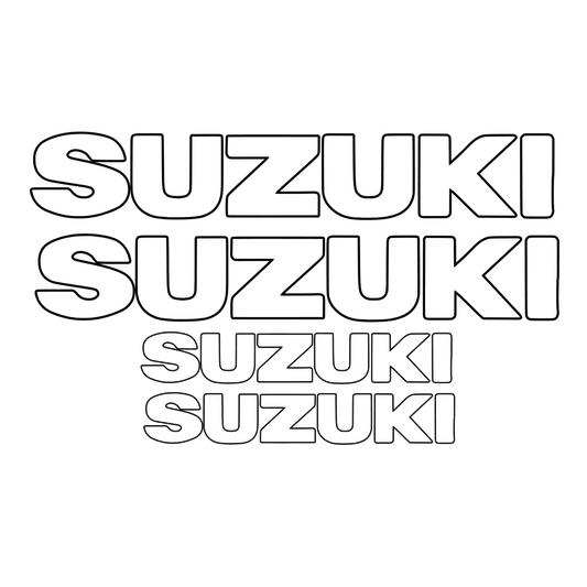 Set 4 stickere scris nou Suzuki, contur subtire, pentru capota sau caroserie