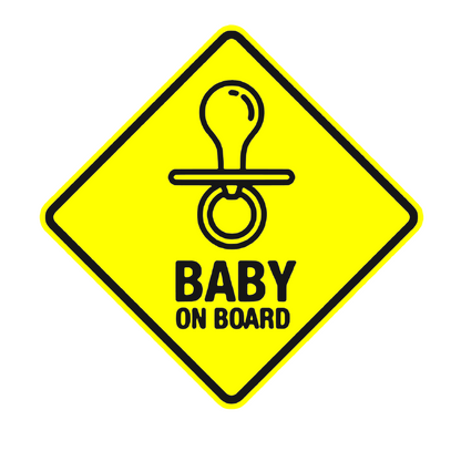 Sticker auto moto decorativ, tuning, rezistent la apa si UV, scris Baby on board cu suzeta