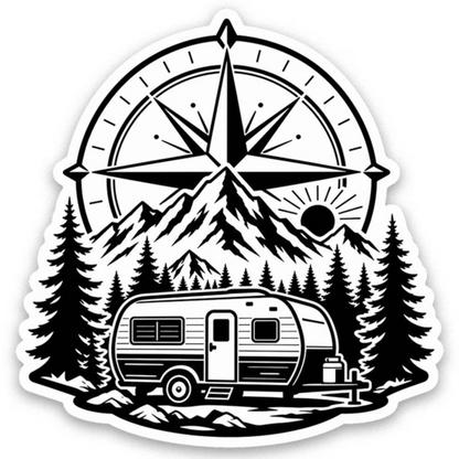 Sticker Rulotă Camping cu Munți, Pădure și Busolă – Aventură Outdoor