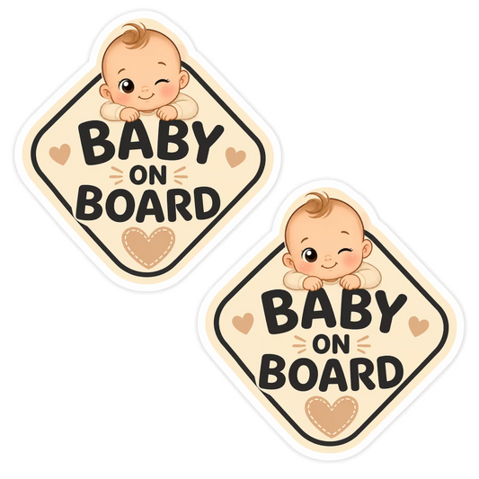 Set 2 stickere auto Baby on board, bebe face cu ochiul, fundal crem