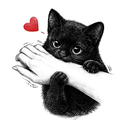 Sticker Pisicuță Jucăușă – Pisică Neagră Îmbrățișând Mâna, Design Cute cu Inimă