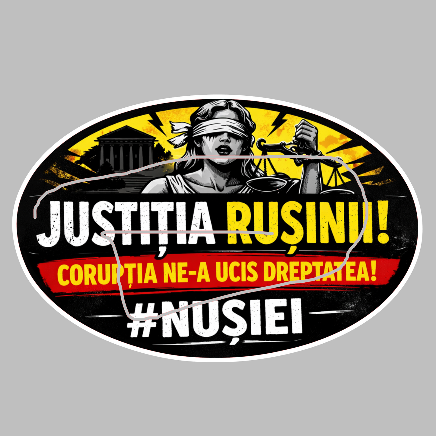 Sticker auto protest JUSTITIA RUSINII – mesaj civic Romania –