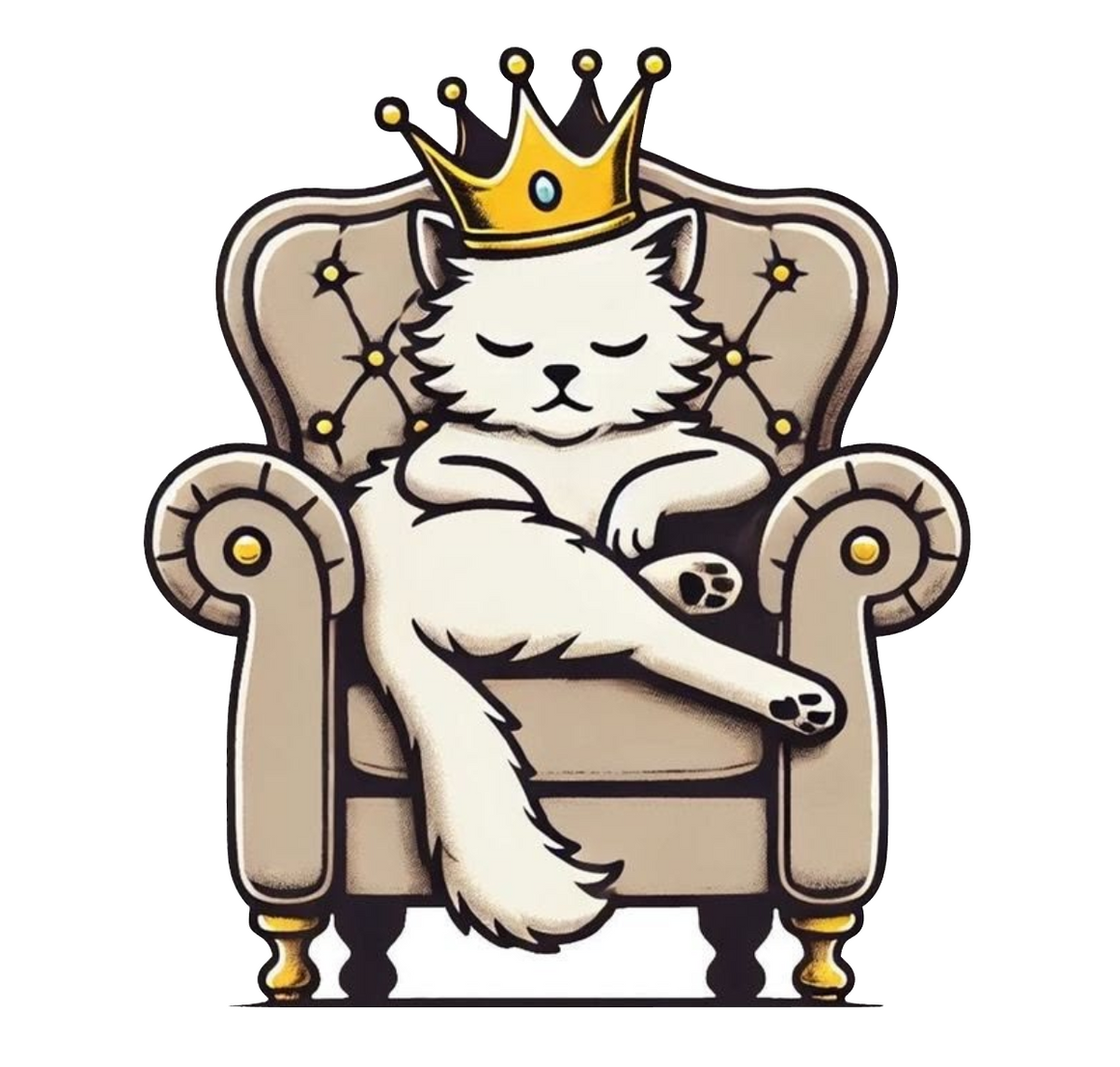 Sticker Pisică Rege pe Tron – King Cat cu Coroană, Design Amuzant