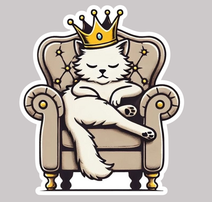 Sticker Pisică Rege pe Tron – King Cat cu Coroană, Design Amuzant
