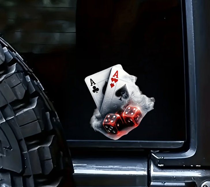 Sticker Casino – Ași și Zaruri în Flăcări, Autocolant Jocuri de Noroc, Poker