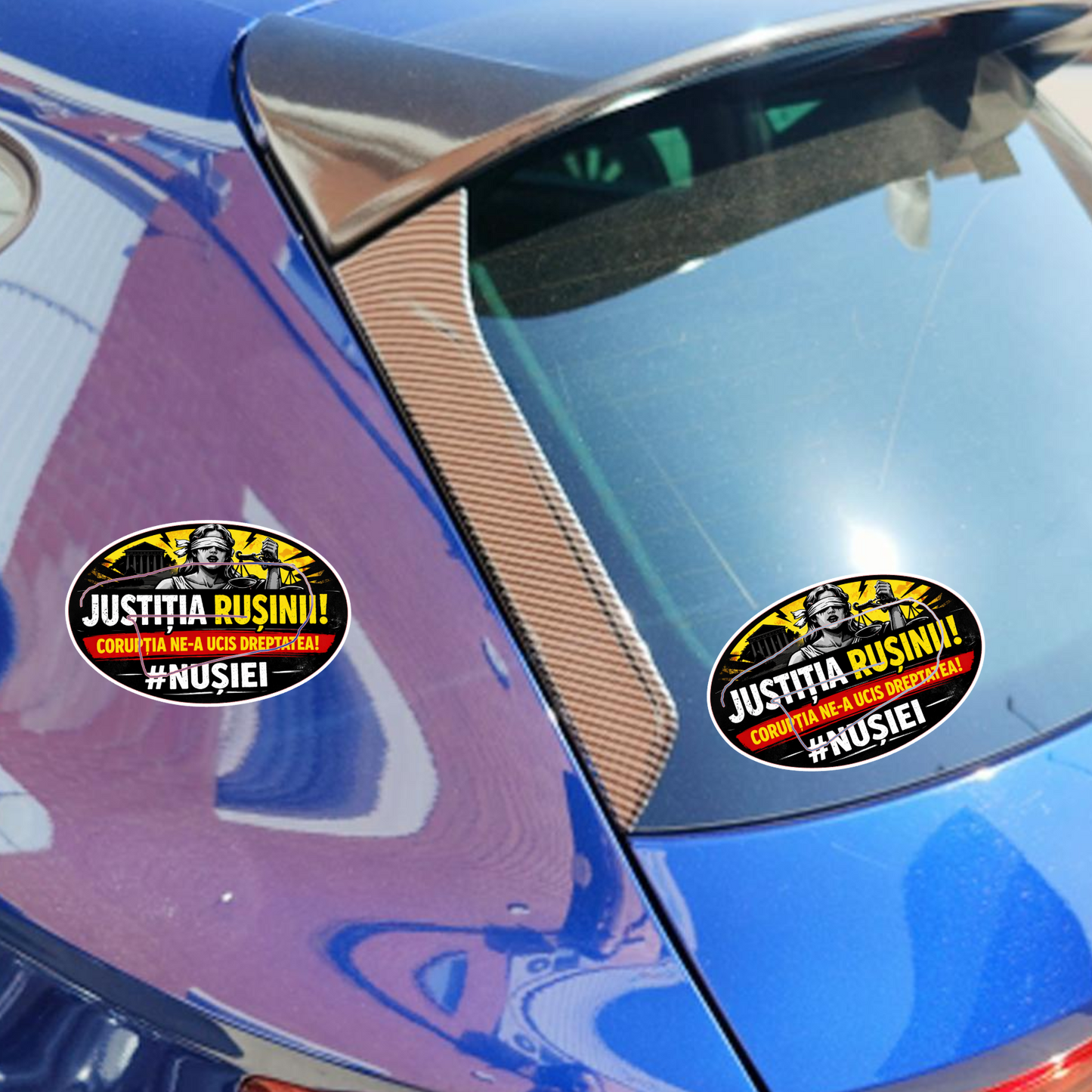 Sticker auto protest JUSTITIA RUSINII – mesaj civic Romania –
