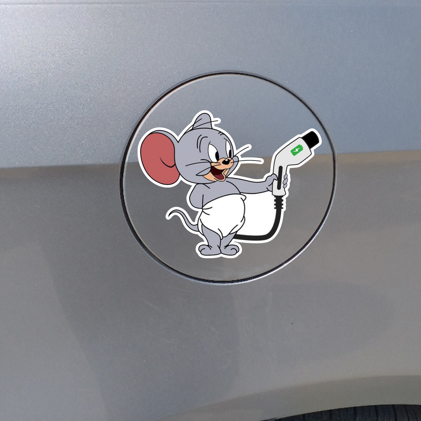 Sticker decorativ rezistent, Jerry rezervor capac incarcare masina electrica, cu pistol de incarcare in mana
