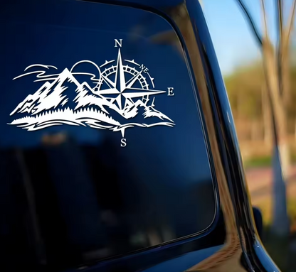 Sticker auto 4x4, rezistent, busola cu varf de munte, luna si padure conifere