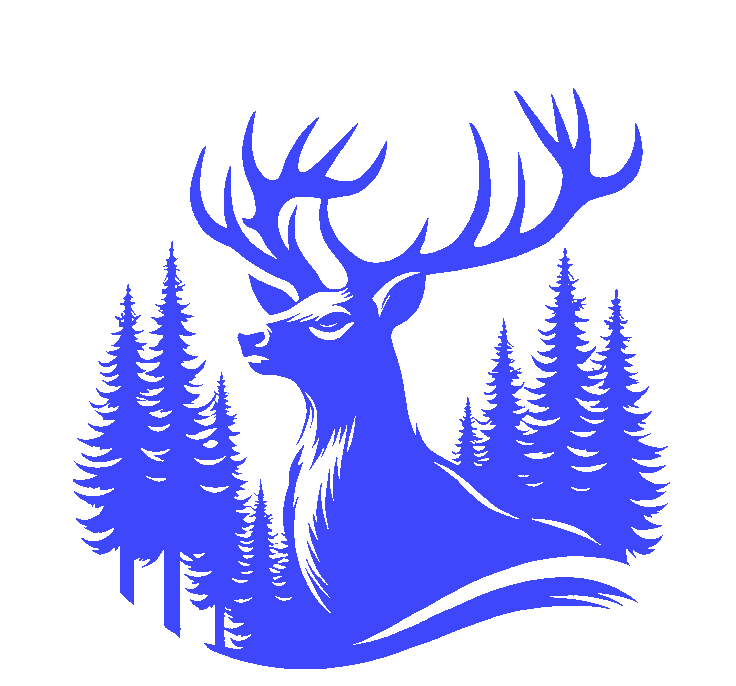 Sticker vanatoresc, Cerb în Pădure – Siluetă Cerb cu Brazi
