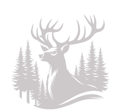 Sticker vanatoresc, Cerb în Pădure – Siluetă Cerb cu Brazi