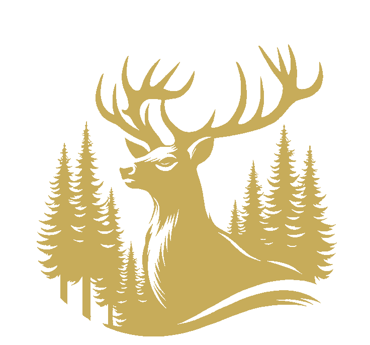 Sticker vanatoresc, Cerb în Pădure – Siluetă Cerb cu Brazi