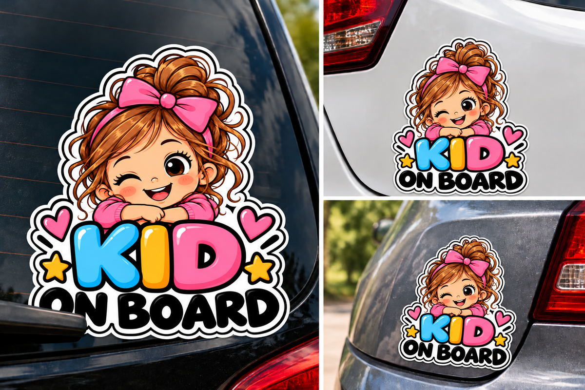Sticker Auto Kid on Board – Fetiță, Autocolant Copil la Bord, Model Colorat