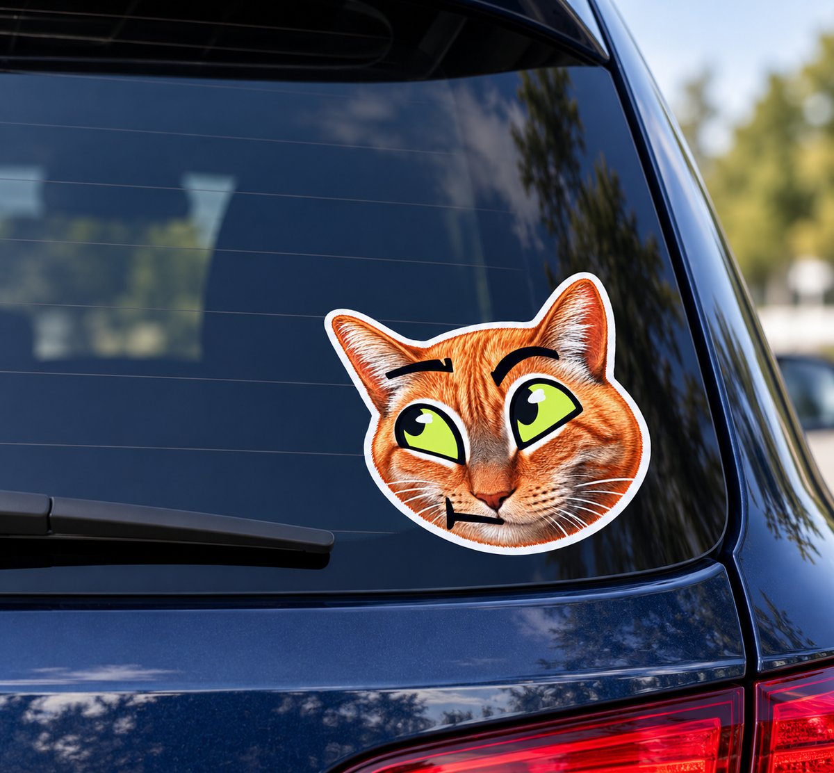 Sticker cu pisică surprinsă și ochi galbeni – autocolant amuzant pentru mașină