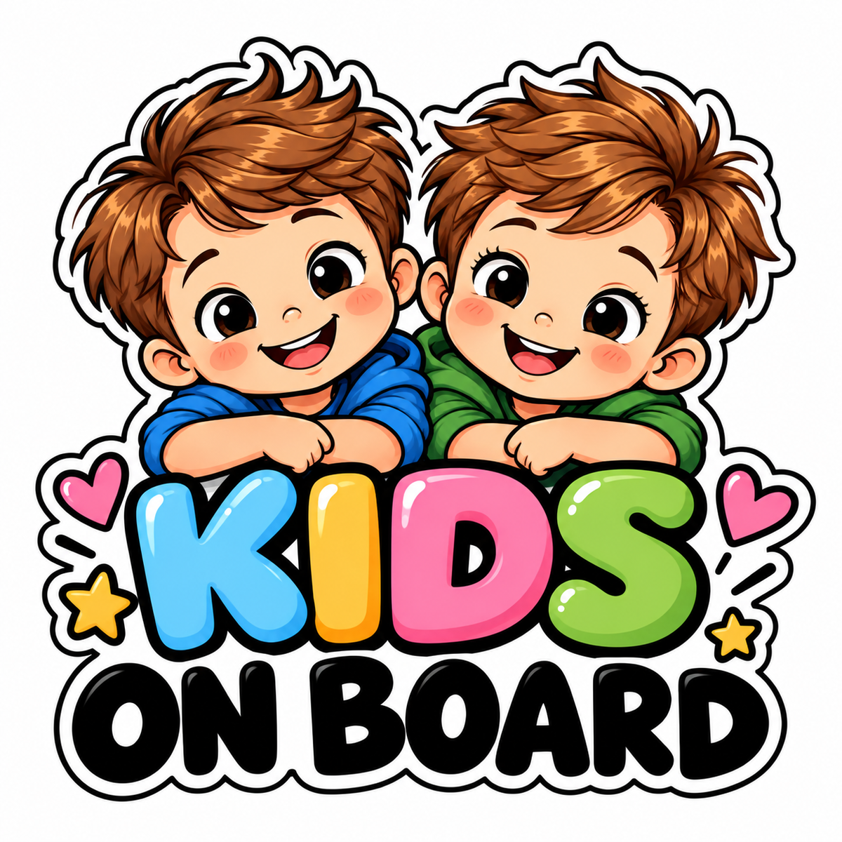 Sticker Auto Kids on Board – Doi Băieței, Autocolant Copii la Bord, Model Colorat