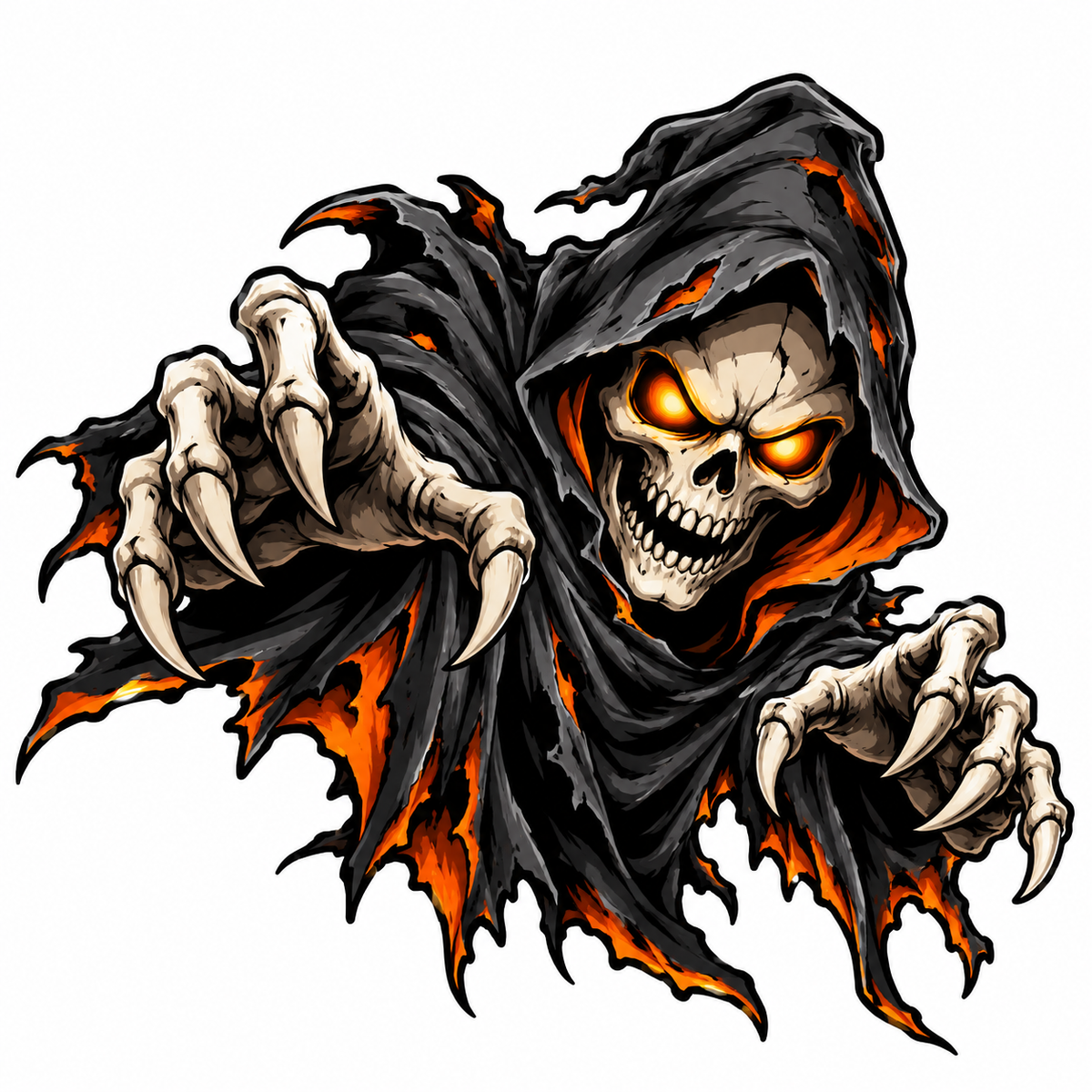 Sticker Halloween Moartea cu Coasa – Craniu Malefic cu Ochi de Foc