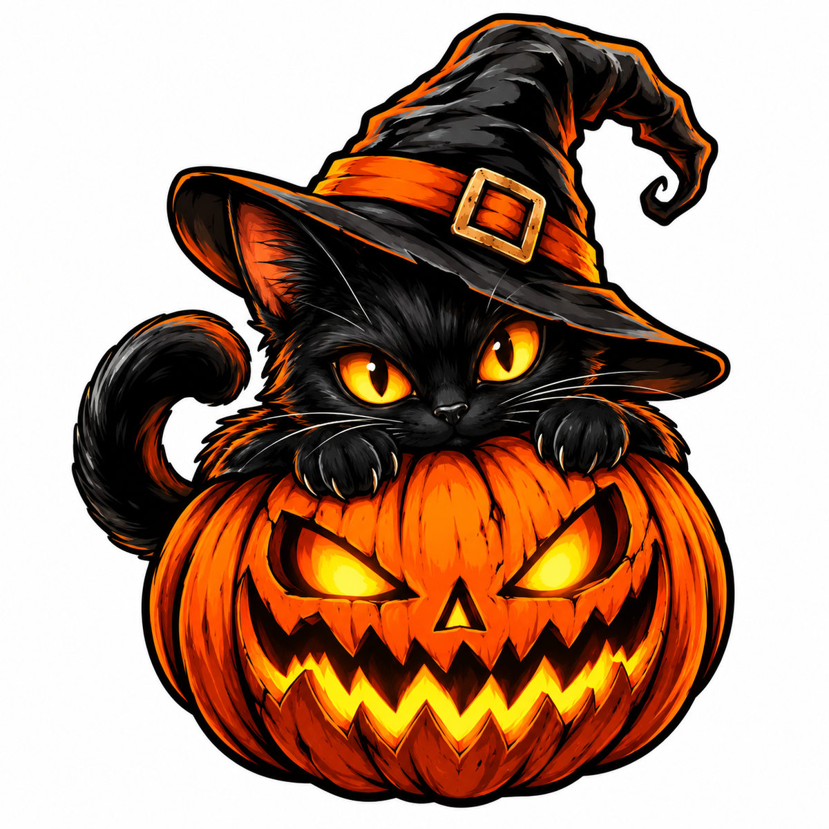 Sticker Halloween Pisică Neagră cu Dovleac Malefic – Vrăjitoare Jack O’ Lantern
