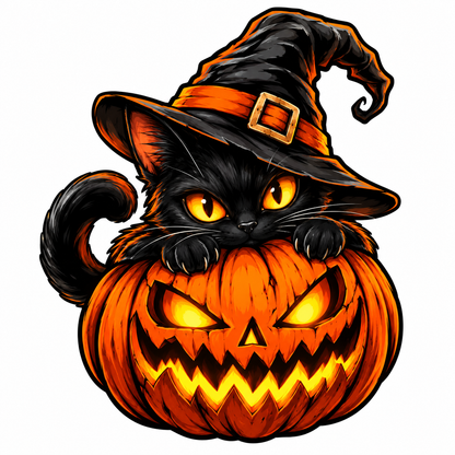Sticker Halloween Pisică Neagră cu Dovleac Malefic – Vrăjitoare Jack O’ Lantern