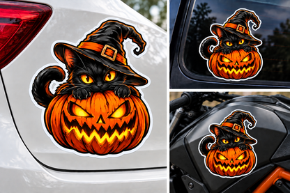 Sticker Halloween Pisică Neagră cu Dovleac Malefic – Vrăjitoare Jack O’ Lantern