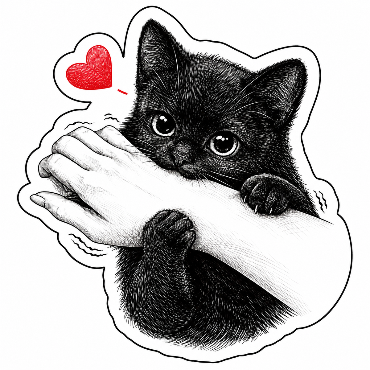 Sticker Pisicuță Jucăușă – Pisică Neagră Îmbrățișând Mâna, Design Cute cu Inimă