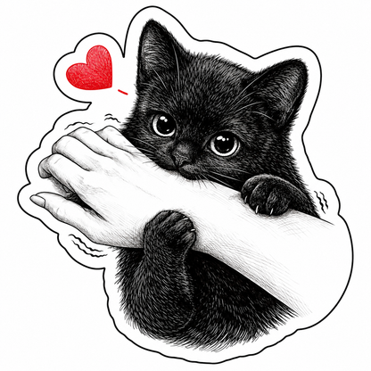 Sticker Pisicuță Jucăușă – Pisică Neagră Îmbrățișând Mâna, Design Cute cu Inimă