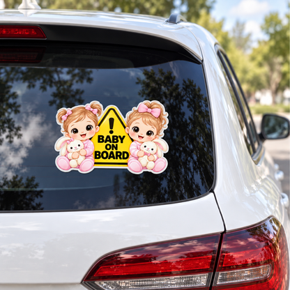 Sticker auto „Gemene la bord” – Baby on Board cu două fetițe