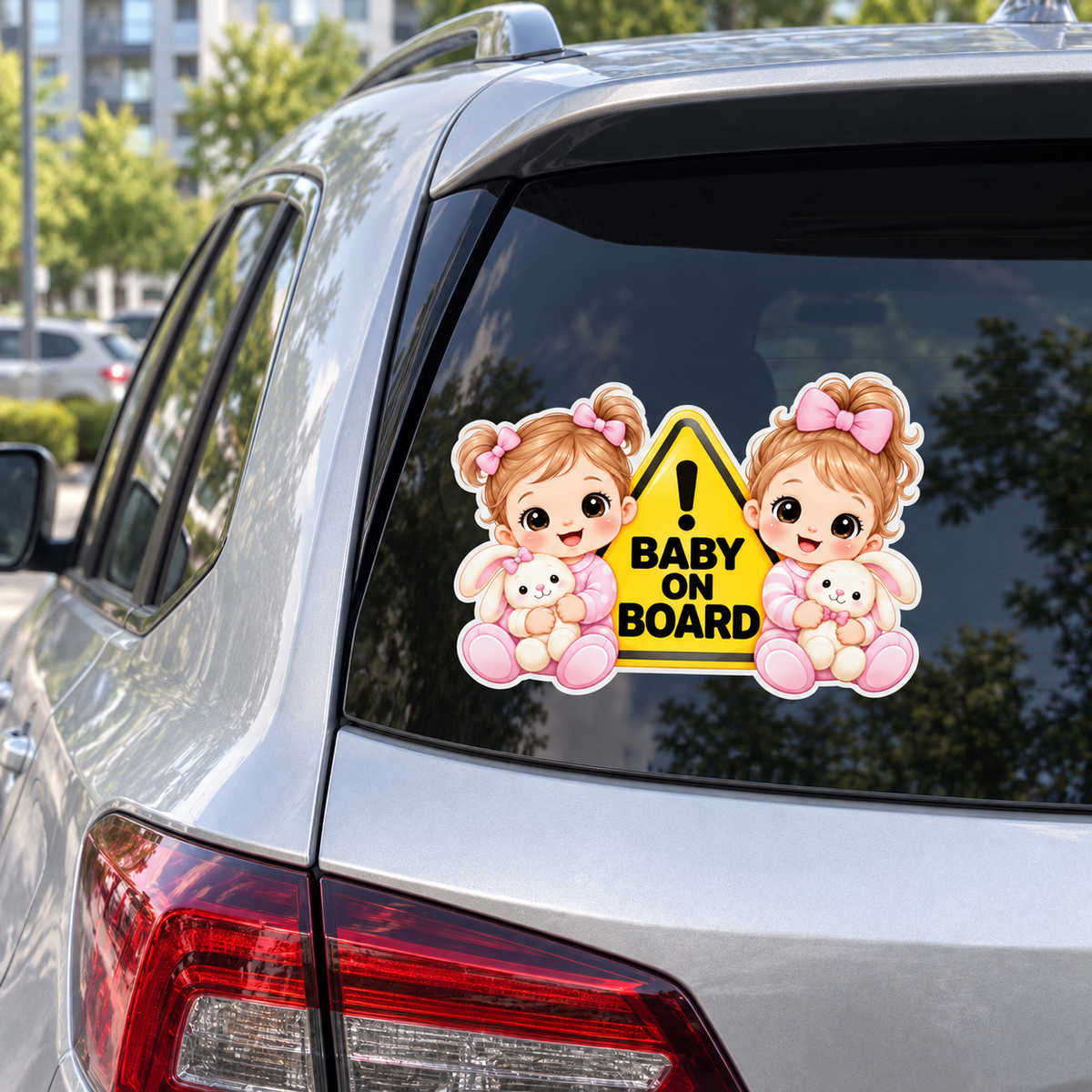 Sticker auto „Gemene la bord” – Baby on Board cu două fetițe