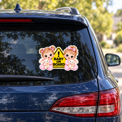 Sticker auto „Gemene la bord” – Baby on Board cu două fetițe