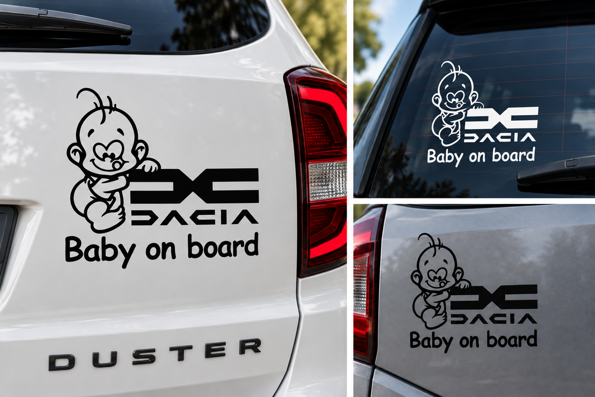 Sticker Dacia Baby on Board – Siglă Nouă Dacia, Bebeluș la Bord