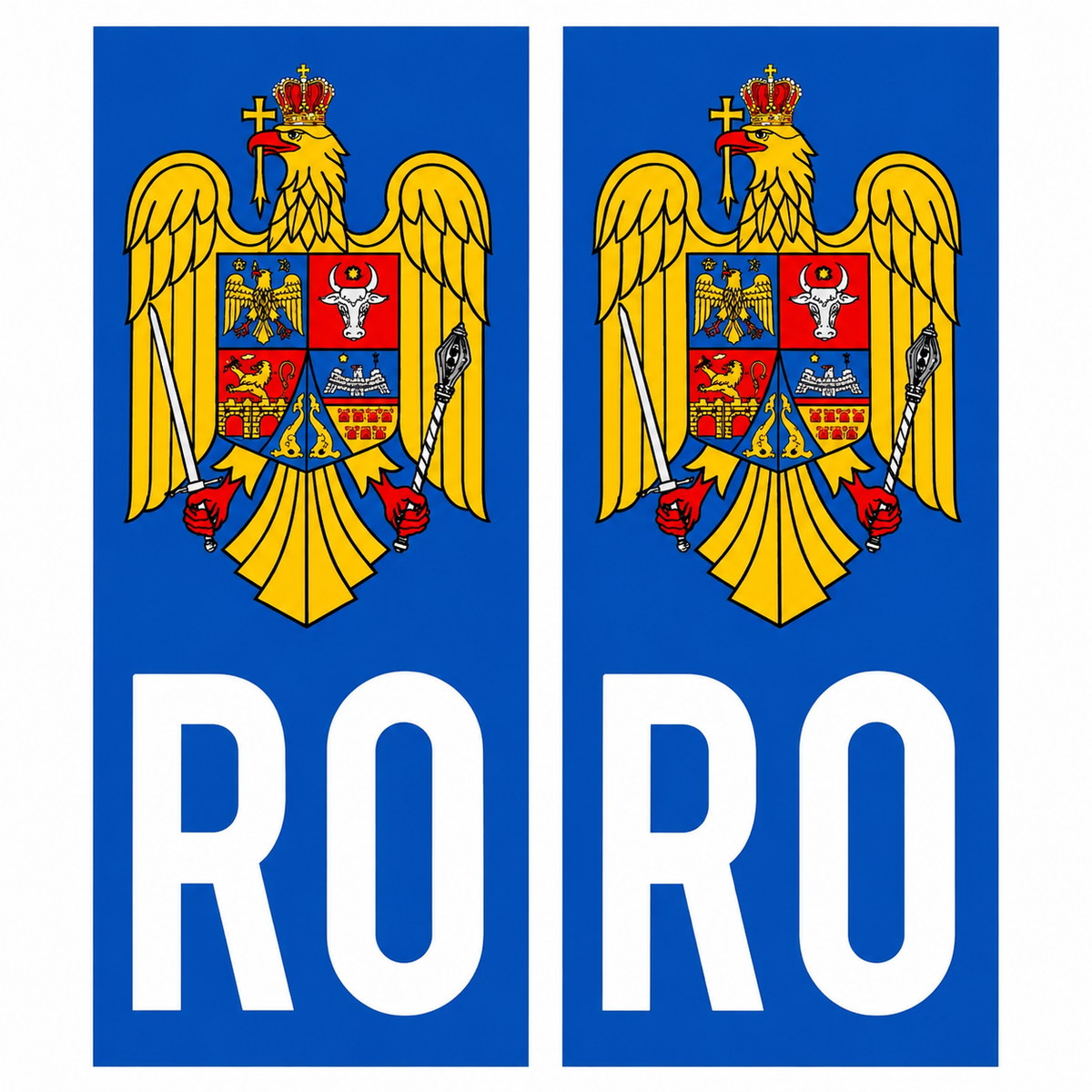 Set 2 stickere autocolante pentru numar inmatriculare, cu stema Romaniei si scris RO