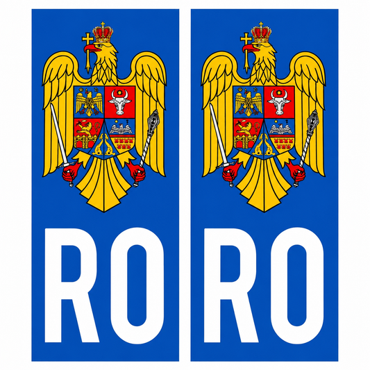Set 2 stickere autocolante pentru numar inmatriculare, cu stema Romaniei si scris RO