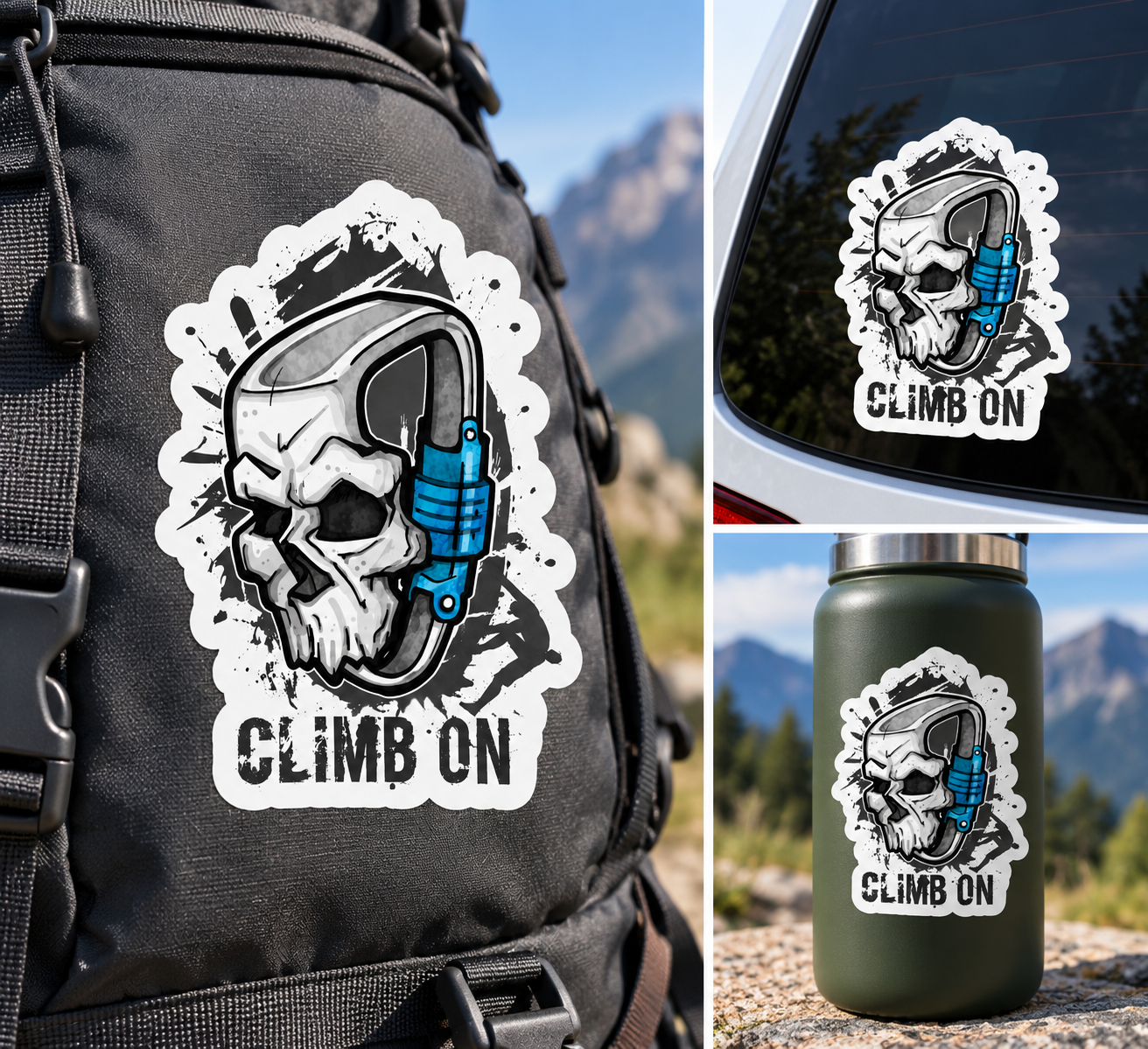 Sticker CLIMB ON – Craniu cu Carabinieră, Design Alpinism și Escaladă