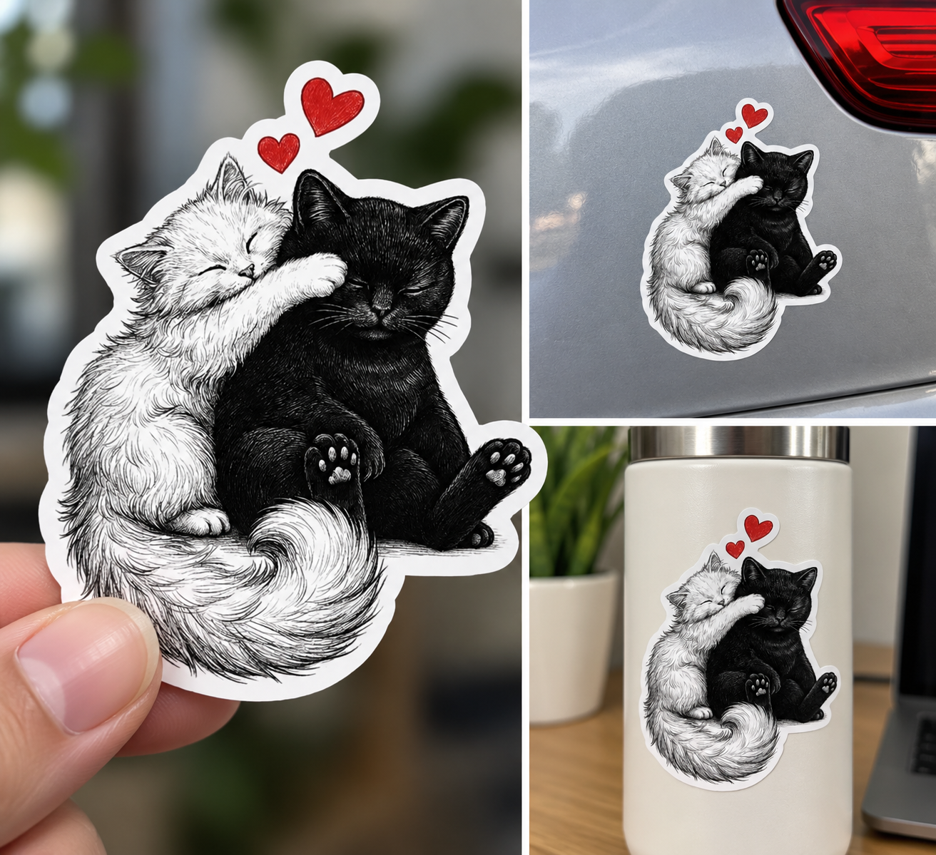 Sticker Pisici Îndrăgostite – Pisică Albă și Neagră cu Inimi ❤️🐱