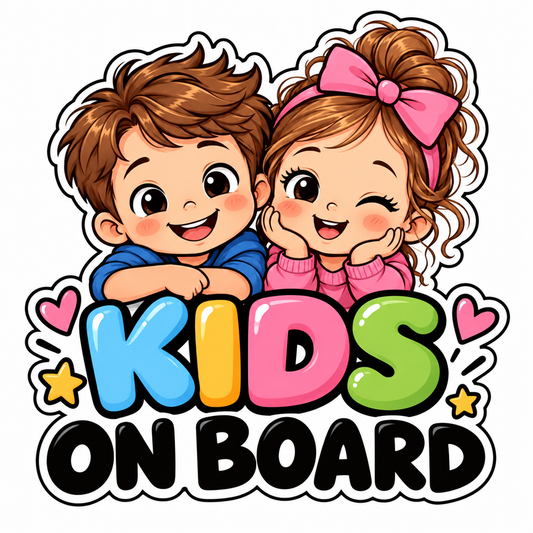 Sticker Auto Kids on Board – Băiețel și Fetiță, Autocolant Copii la Bord, Model Colorat