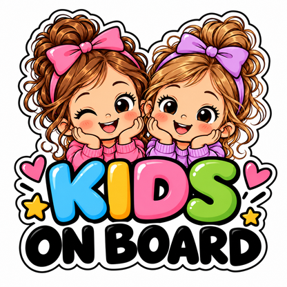 Sticker Auto Kids on Board – Două Fetițe, Autocolant Copii la Bord, Model Colorat
