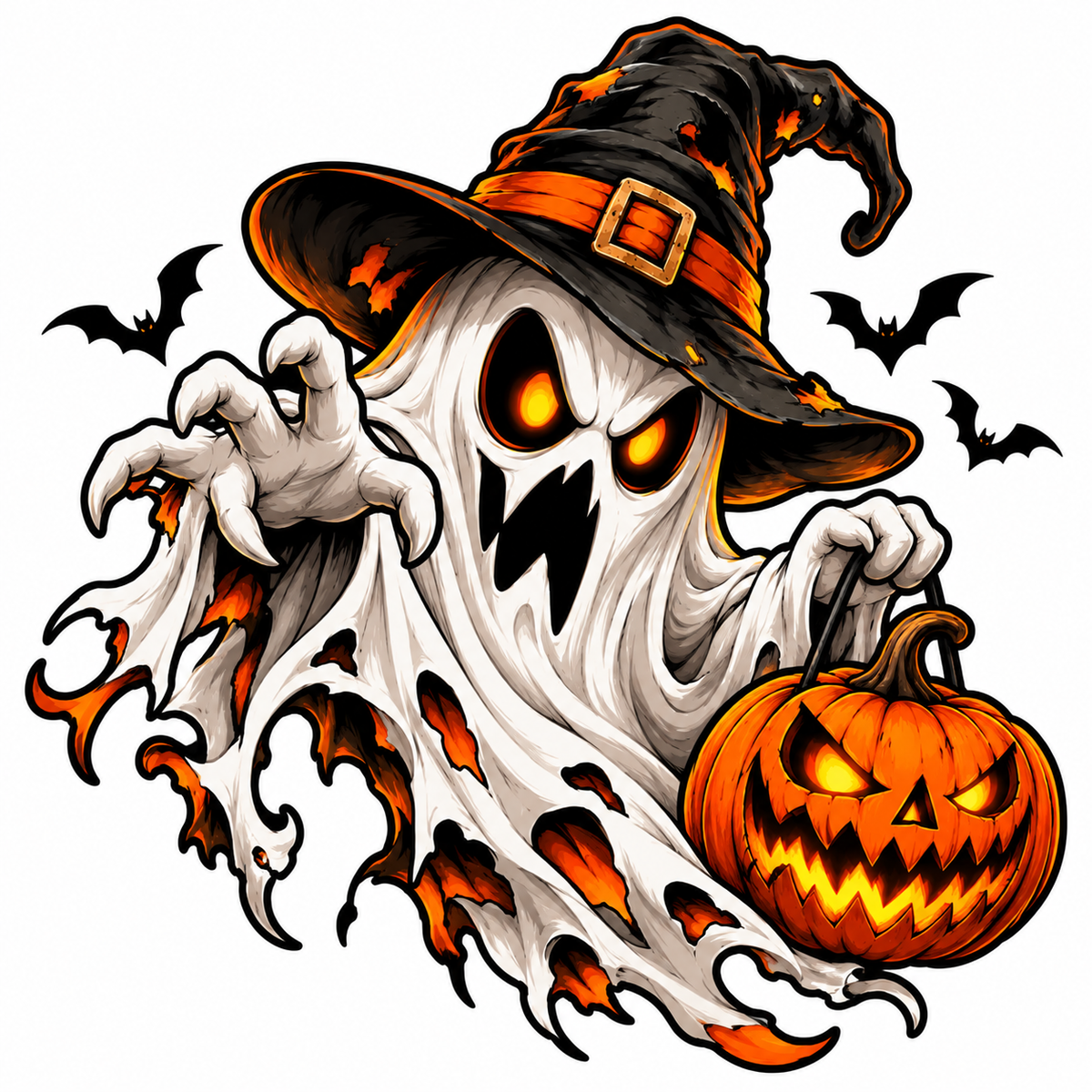 Sticker Halloween Fantomă Malefică cu Dovleac și Lilieci – Trick or Treat